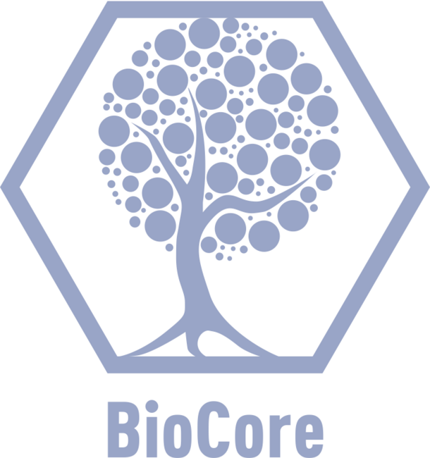 Logo of a blue tree in a hexagon, representing a fictional science facility called Biocore